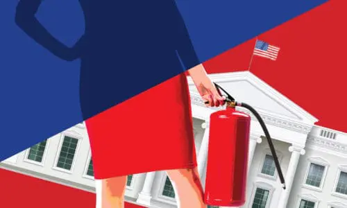 POTUS Show Art featuring a female figure with an fire extinguisher standing in front of the White House.