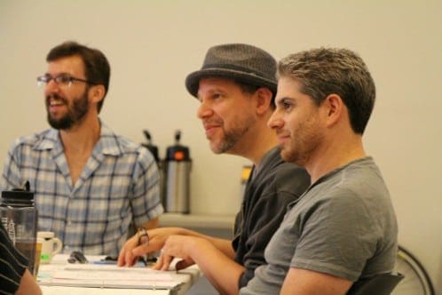 Photo: Aaron Posner (center) listens to the first read through of "Stupid F**king Bird," with actor Dan Hodge (left) and Assistant Director Jesse Bernstein (right).